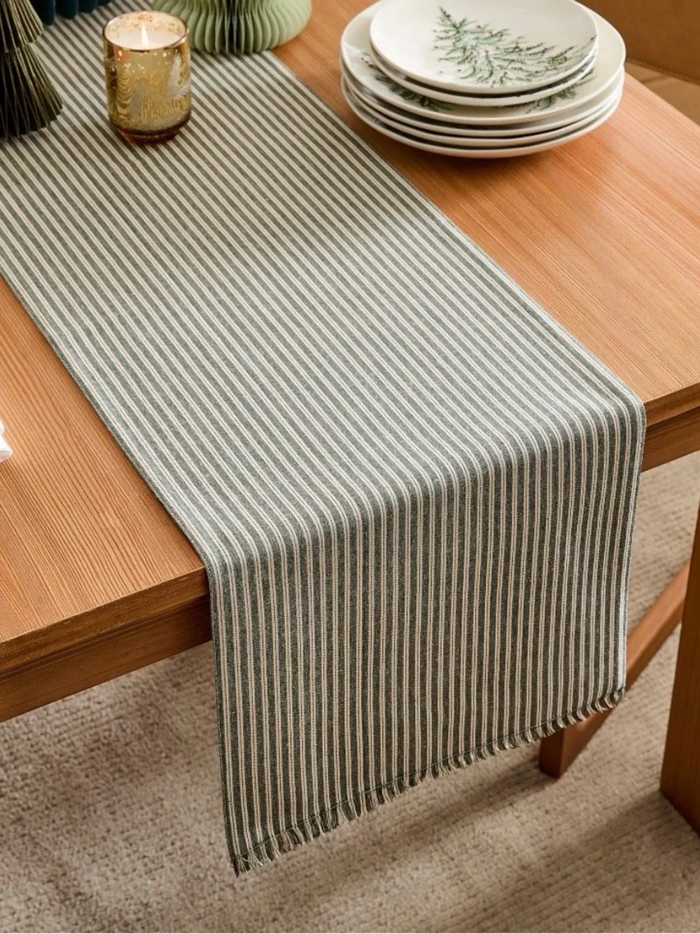West Elm Sadie Striped Green Table Runner Home Dining Decor Linens NWT Homey